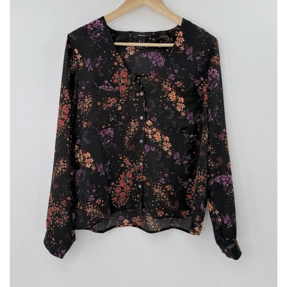 Womens Forever 21 Wine Orange Pink Floral Blouse Buttonup Vneck Large poly